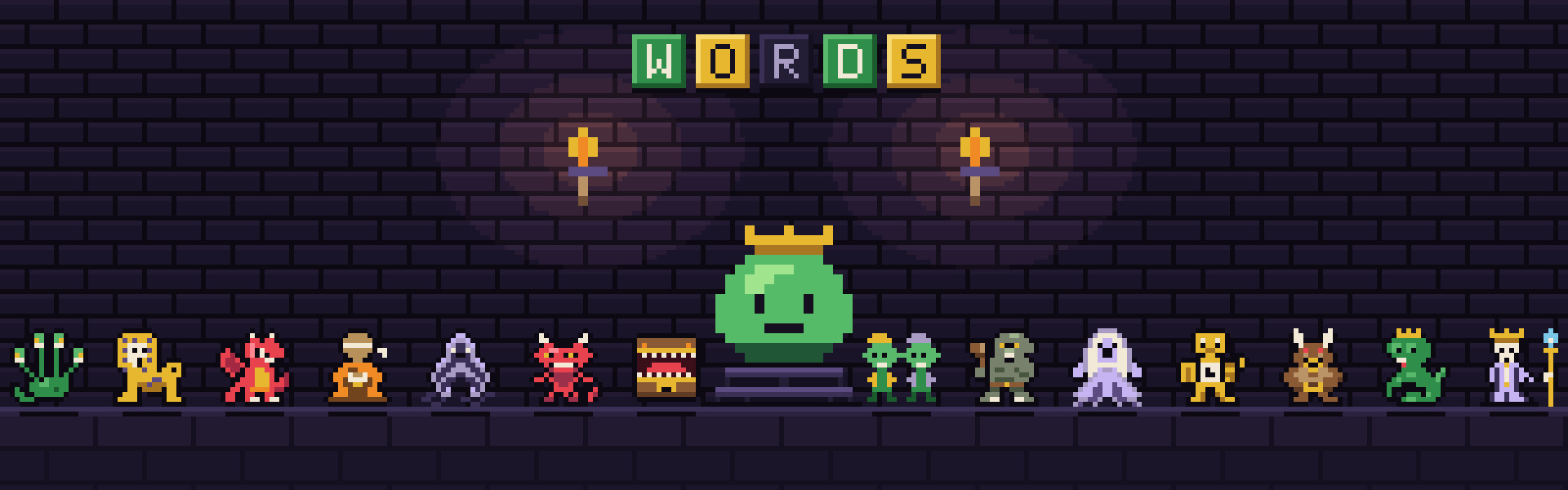 Пиксельное подземелье WorDungeon: зелёный Slime King в короне на пьедестале, два факела, ряд плиток WORDS и боссы вдоль стены
