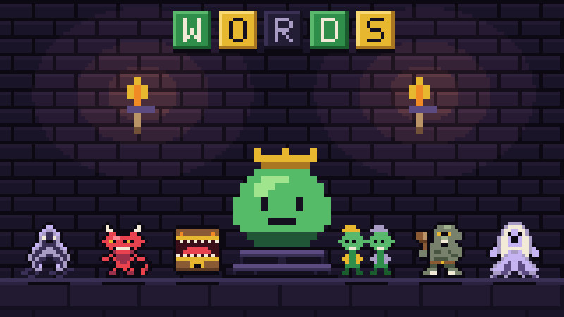 Пиксельное подземелье WorDungeon: зелёный Slime King в короне на пьедестале, два факела, ряд плиток WORDS и боссы вдоль стены